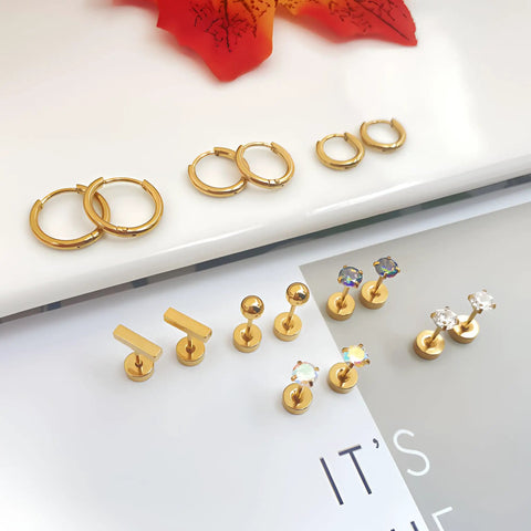 Hypoallergenic Titanium Earrings For Sensitive Ears With 14K Gold Plated Opal Ball CZ Heart Flat Back For Women And Men All Day Comfort And Everyday Wear Small Surgical Steel Flatback Stud Hoop Cartilage Earring Set Designed For Multiple Piercings gold hoops and stud earrings