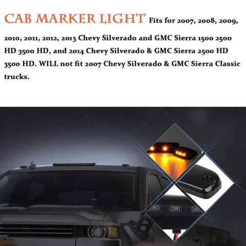 Smoked Lens Amber LED Cab Marker Lights 3Pc Set With 12 LEDs And Wiring Pack for 2007 to 2014 Chevy Silverado GMC Sierra Roof Top