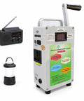 Go Off Grid Hand Crank Generator Portable Power Supply with 150W and 500W Dynamos, shown beside a radio and lantern.