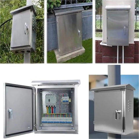 Heavy Duty 304 Stainless Steel Waterproof Electrical Box Enclosure For Street Lighting Weatherproof Junction Chest And Control Panel Cabinet Outdoor Grade Industrial Box With 10 By 12 By 6 Inch Size And 0.8 Millimeter Wall, various installation views