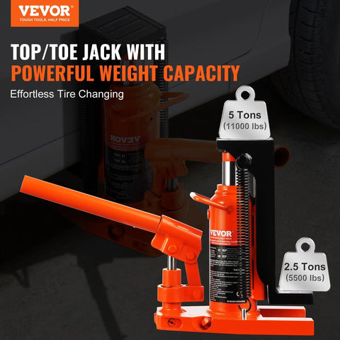 VEVOR hydraulic jack, orange, toe and top lift, 2.5-ton toe and 5-ton top capacity