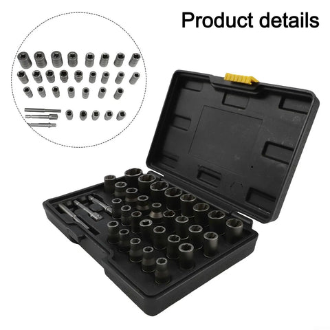 32 Piece Bolt Extractor Socket Set For Removing Damaged Rusted Bolts And Nuts With 1/4 Inch And 3/8 Inch Adapters in open case.