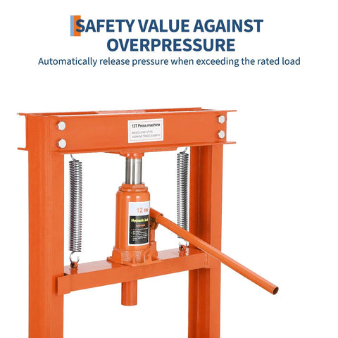 12-Ton Hydraulic Shop Press For Benchtop Use, Heavy Duty H-Frame Pneumatic Press with adjustable height, orange finish