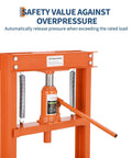 Built Tough Heavy Duty Twelve Ton Hydraulic H Frame Floor Shop Press With Adjustable Height Bed showcasing safety valve and pressure release.