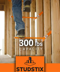 Heavy Duty Wire Dispenser For Stud Framing Mounts To 2x4 And 2x6 Wood Studs With Solid Steel Construction Delivers Fast Load No Fuss Payout For Reels Coils And Cables Made In USA shown supporting 300 lbs capacity on construction site.