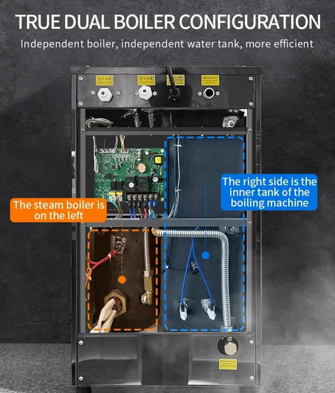 Inside view of Top Shelf Electric Coffee Frothing Machine And Automatic Milk Steamer Built With Heavy Duty Stainless Steel, showing dual boiler configuration.