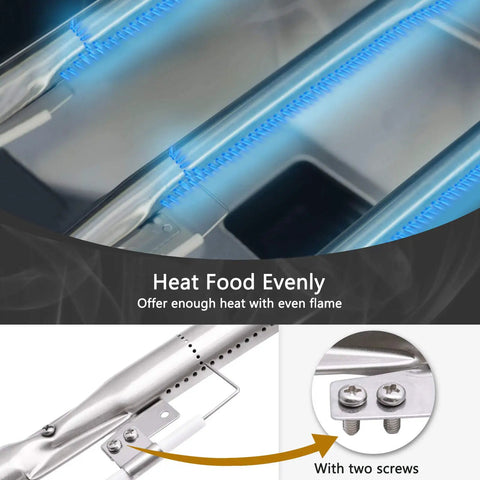 Grill Replacement Parts Kit For Nexgrill 4, 5 And 6 Burner Grills With Heat Shield Plates And Burner Tubes showing blue flame.
