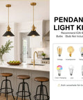 Slick Polished Brass Pendant Light Cord Kit With Heavy Duty Braided Textile Wire And Secure E26 Lamp Base, black shade, modern kitchen.