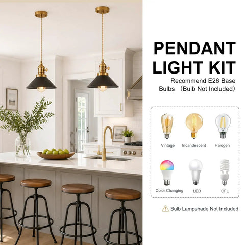 Slick Polished Brass Pendant Light Cord Kit With Heavy Duty Braided Textile Wire And Secure E26 Lamp Base, black shade, modern kitchen.