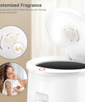 Open hot towel warmer bucket with LED display and fragrance customization, two 40x70 towels capacity, for home spa vibe.