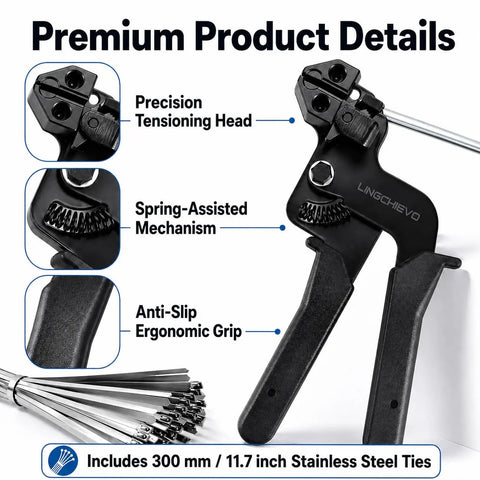 Pro Grade Zip Tie Gun Kit with 100 stainless steel cable ties, precision tensioning head, spring-assisted mechanism, anti-slip grip.