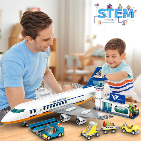 Father and son building Epic City Passenger Airplane Building Set With LED Lights 901 Pieces Plane Construction Kit