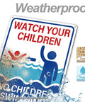 Close-up of Two Pack Pool Safety Signs Bundle 14x10 Outdoor Pool Signs Stay Safe By The Pool Watch Your Kids Swim At Your Own Risk Weatherproof 0.040 Aluminum Easy To Mount Durable For Backyard Pools PSP-2403 showing water and dust resistance features.