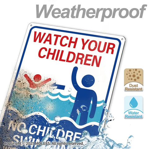 Close-up of Two Pack Pool Safety Signs Bundle 14x10 Outdoor Pool Signs Stay Safe By The Pool Watch Your Kids Swim At Your Own Risk Weatherproof 0.040 Aluminum Easy To Mount Durable For Backyard Pools PSP-2403 showing water and dust resistance features.