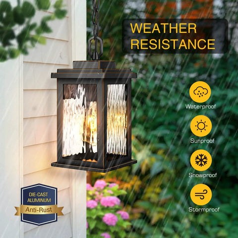 Outdoor Pendant Light Fixture for Porch and Front Door, Farmhouse Exterior Hanging Lantern with Aluminum Frame and Glass