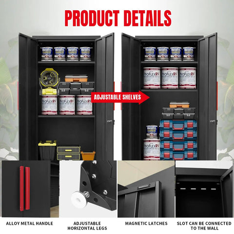 Image of the 8 Piece Garage Storage Cabinet System With Locking Steel Cabinets Rolling Chest Pegboard And Workbench Black Pro Grade Beefy Heavy Duty Workshop Organization Set For Secure Versatile Tool Storage And Garage Space Maximization, showing detailed view of adjustable shelves, magnetic latches, and cabinet construction features.