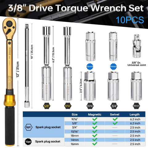 Beefy Pro Grade Magnetic Spark Plug Socket Kit With Three Eighth Inch Drive Torque Wrench Includes 14mm, 16mm, 18mm Sockets And Nine Sixteenth, Five Eighth, Three Fourth, Thirteen Sixteenth Inch Sockets, Swivel Joint, Five To Fifty Foot Pound Torque. 10-piece set
