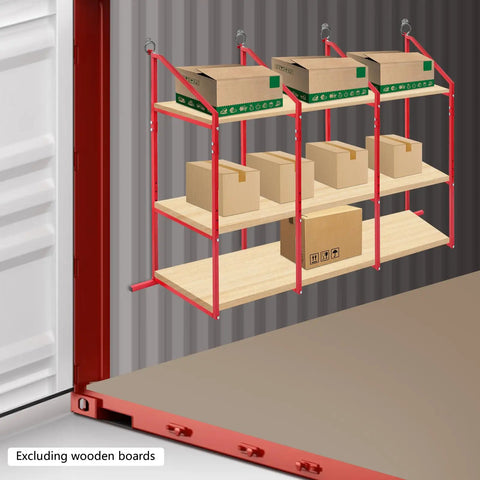 Four Piece 52 By 19 Inch Red Industrial Shelf Brackets with cardboard boxes in garage setting, excluding wooden boards.