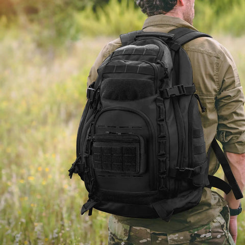 Hiker with Tactical Molle Admin Pouch With Laser Cut PALS Panel Horizontal EDC Tool Bag attached to backpack