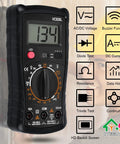 Pocket Digital Multimeter With Backlit LCD Display And Test Leads All In One Voltage Meter For AC DC Voltage Ohm Amp Diode And Current Measurement Perfect For DIYers And Tech Nerds shown with dial and display lit up.