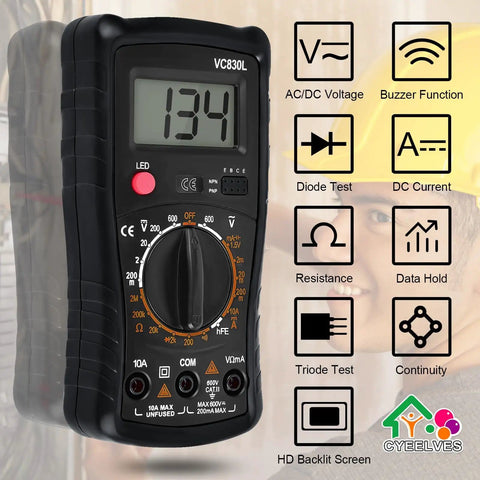 Pocket Digital Multimeter With Backlit LCD Display And Test Leads All In One Voltage Meter For AC DC Voltage Ohm Amp Diode And Current Measurement Perfect For DIYers And Tech Nerds shown with dial and display lit up.