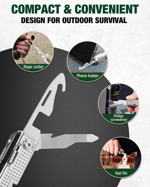 EDC 12 In 1 Multitool for Outdoors and Adventure Built Tough showing functions like rope cutter and Phillips screwdriver