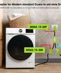 Rad 30 Amp 240 Volt Dryer Y Splitter Adapter Converts Nema 10 30 Male Plug to Dual Receptacles for Tesla EV charging and vintage home dryers with badass STW cord setup, shown on a dryer.