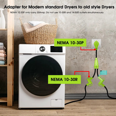 Rad 30 Amp 240 Volt Dryer Y Splitter Adapter Converts Nema 10 30 Male Plug to Dual Receptacles for Tesla EV charging and vintage home dryers with badass STW cord setup, shown on a dryer.