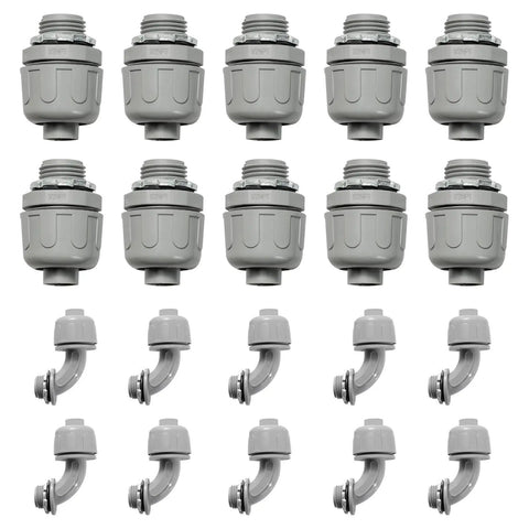 One Half Inch Liquid Tight PVC Conduit Fittings Kit With Twenty Pack Straight And 90 Degree Non Metallic Nylon 6 Connectors UL Listed Grey