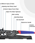 Heavy Duty Rotary Leather Hole Punch Kit With Six Size Options For Belts, Dog Collars, Watch Bands - Side View with Features Labeled