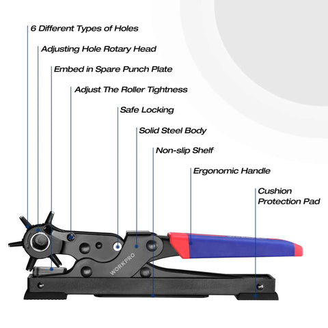 Heavy Duty Rotary Leather Hole Punch Kit With Six Size Options For Belts, Dog Collars, Watch Bands - Side View with Features Labeled