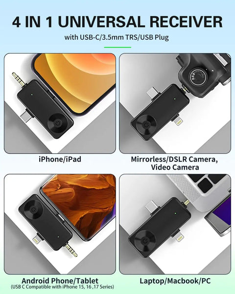 Wireless Lavalier Microphone Kit For iPhone Android Camera And PC Quad Mic Setup showing 4-in-1 universal receiver connections.