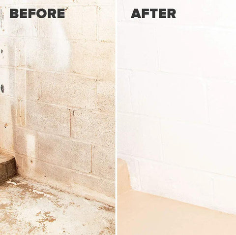 Before and after comparison using Water Block Acrylic Masonry Waterproof Paint White One Gallon For Indoor And Outdoor Concrete Walls.