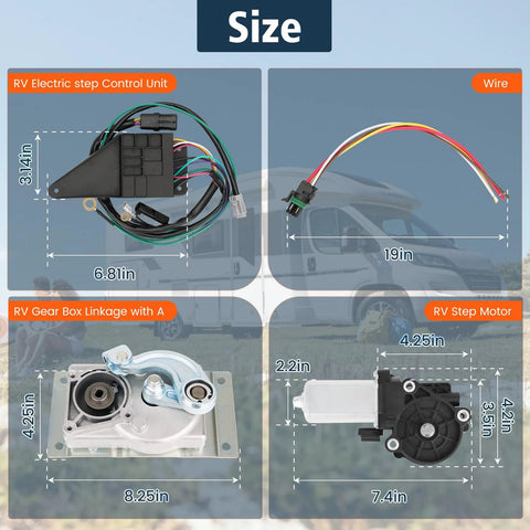 Sobalai RV step motor conversion kit: black control unit, multi-color wiring, metal gear box linkage, and black step motor.