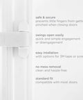 Super Tough Door Pinch Guards Two Pack White Hinged Stopper Blocks close-up showing easy installation and safety features.