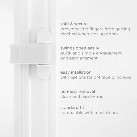 Super Tough Door Pinch Guards Two Pack White Hinged Stopper Blocks close-up showing easy installation and safety features.