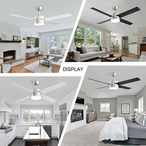 52 Inch Brushed Nickel And Black Ceiling Fan With Lights And Remote, Tri Color LED Temperature Options, Quiet Reversible Motor, Dope Sleek Modern Indoor Ceiling Fan For Bedroom, displayed in various modern indoor settings