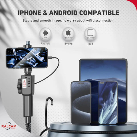 Two Way Articulating Borescope For iPhone And Android With High Temperature Protection And Auto Shutdown At 90 Degrees So You Dont Burn It Great For Tight Spots And Harsh Environments. iPhone, Android, iPad compatible handheld unit