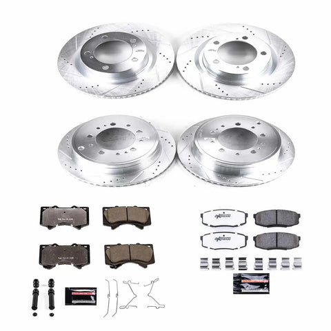 Toyota Tundra Front And Rear Brake Kit With Carbon Ceramic Pads And Beefed Up Drilled Slotted Rotors Upgrade components displayed