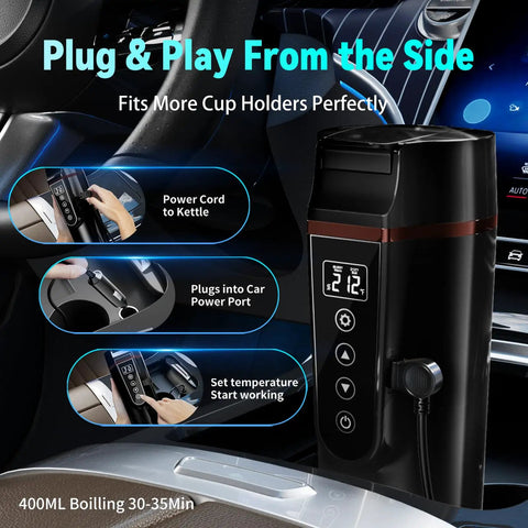 Road Trip Ready Travel Car Kettle With 12V And 24V Power, Portable 400 mL Electric Water Boiler in car with LCD display