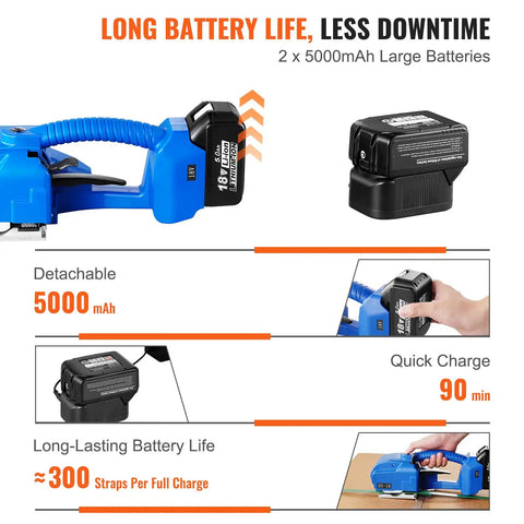 Top Shelf Portable Electric Strapping Machine For Smooth PP And PET Banding Operations With Dual Rechargeable Batteries and clear display showing battery details.
