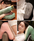 Collage of Cool Ice Silk Napping Face Pillow for table naps in use by adults, showcasing ergonomic design and plush comfort.