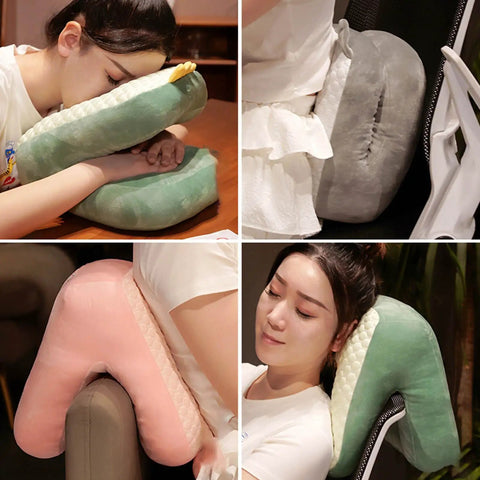 Collage of Cool Ice Silk Napping Face Pillow for table naps in use by adults, showcasing ergonomic design and plush comfort.