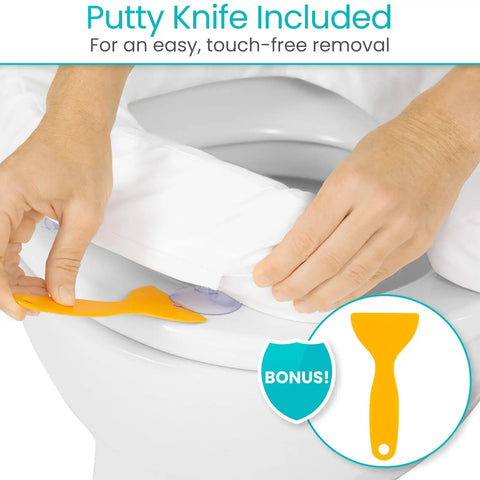 Hands using putty knife to detach Soft Foam Toilet Seat Cushion from toilet with easy clean padded bathroom attachment.