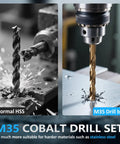 Comparison of M35 cobalt drill bit and normal HSS in action, showcasing the 29-Piece M35 Cobalt Drill Bit Set for steel and hardened metals