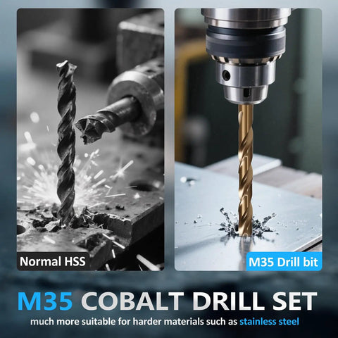 Comparison of M35 cobalt drill bit and normal HSS in action, showcasing the 29-Piece M35 Cobalt Drill Bit Set for steel and hardened metals