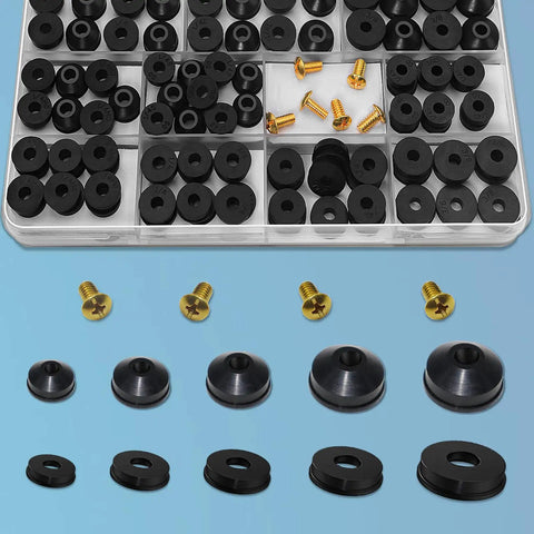 106 Piece Faucet Washer And Brass Bibb Screws Kit for quick open style faucets, flat and beveled washers, arrayed in box