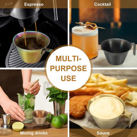 2 Pack Stainless Steel Espresso Measuring Cups With Handle, V Shaped Mouth, Spout, And Scale, 3.4 Oz 100 Ml, Gold Finish, Shown in Use