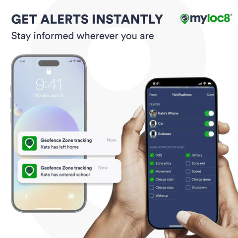 Smartphone alerts showing Geofence Zone tracking notifications for the Drop Dead Simple GPS Tracker for keys, wallets, and kids.