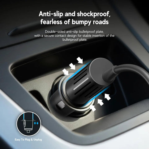 100W USB C Car Charger And PD Fast Power Adapter in a vehicle socket, anti-slip design for stable charging during travel
